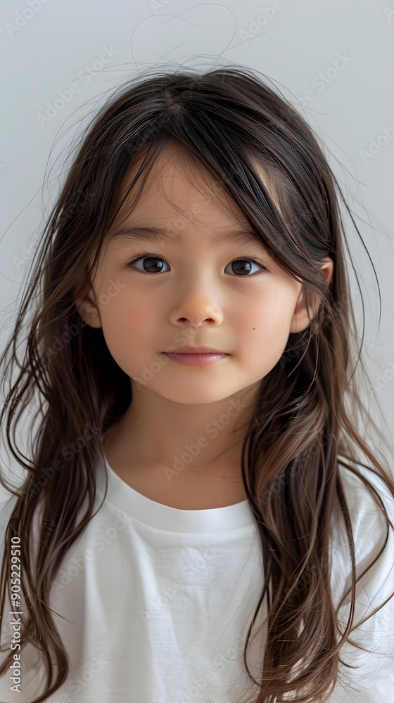 portrait of a young girl with long brown hair in a white shirt portrait of a young girl with long brown hair in a white shirt