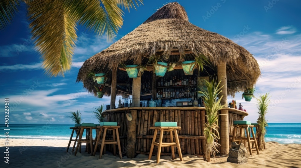 Fototapeta premium Beach Bar Hut with Palm Trees