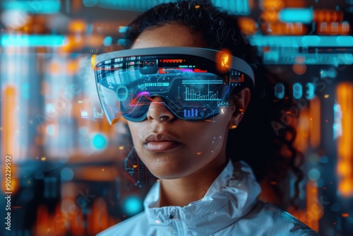 A user interacts with advanced smart glasses against a backdrop of glowing data displays, symbolizing the emerging trends in wearable technology and digital integration. photo