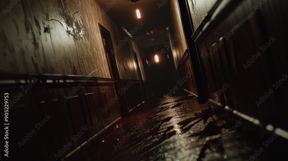 Obraz premium A dark corridor in an abandoned building. Cluttered corridor in ruins. Abandoned building. Horror. Dark room