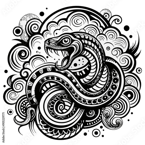Stylistically drawn monochrome snake with poised, hissing pose in tribal tattoo design surrounded by decorative swirls and dots for dramatic effect