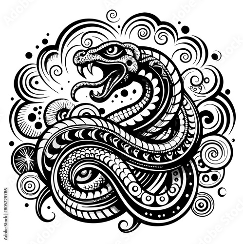Stylistically drawn monochrome snake with poised, hissing pose in tribal tattoo design surrounded by decorative swirls and dots for dramatic effect