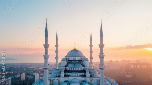 Wallpaper Mural A historic mosque adorned with neon lights, casting a modern glow over its intricate architecture in a bustling city Torontodigital.ca