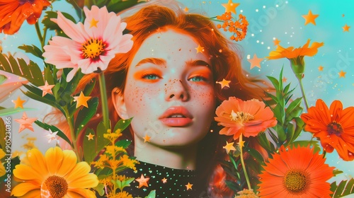 modern retro autumn collage with a red haired woman, vivid orange flowers, stars, surreal