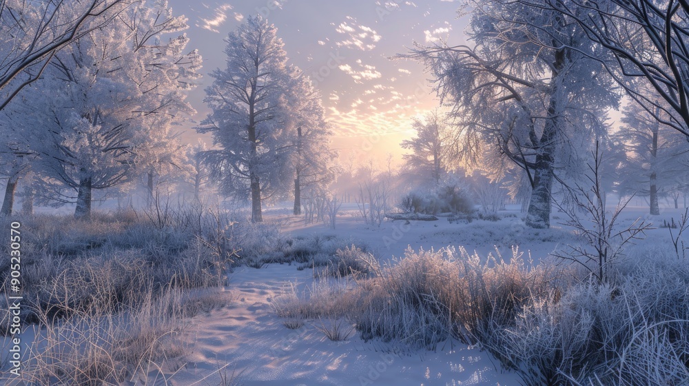 Wintry landscape with hoarfrost on the trees Wintry landscape with hoarfrost on the trees