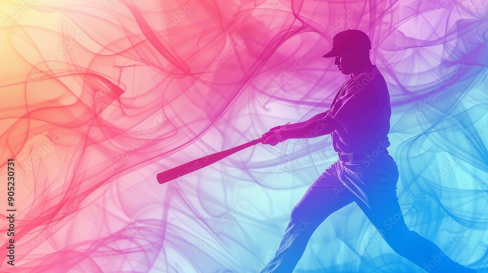 A silhouette of a baseball player swinging a bat, with colorful smoke behind him, symbolizing power, speed, action, and motion, and the vibrant colors represent energy and excitement. A silhouette of a baseball player swinging a bat, with colorful smoke behind him, symbolizing power, speed, action, and motion, and the vibrant colors represent energy and excitement.