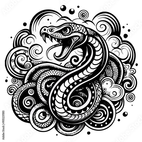 Stylistically drawn monochrome snake with poised, hissing pose in tribal tattoo design surrounded by decorative swirls and dots for dramatic effect
