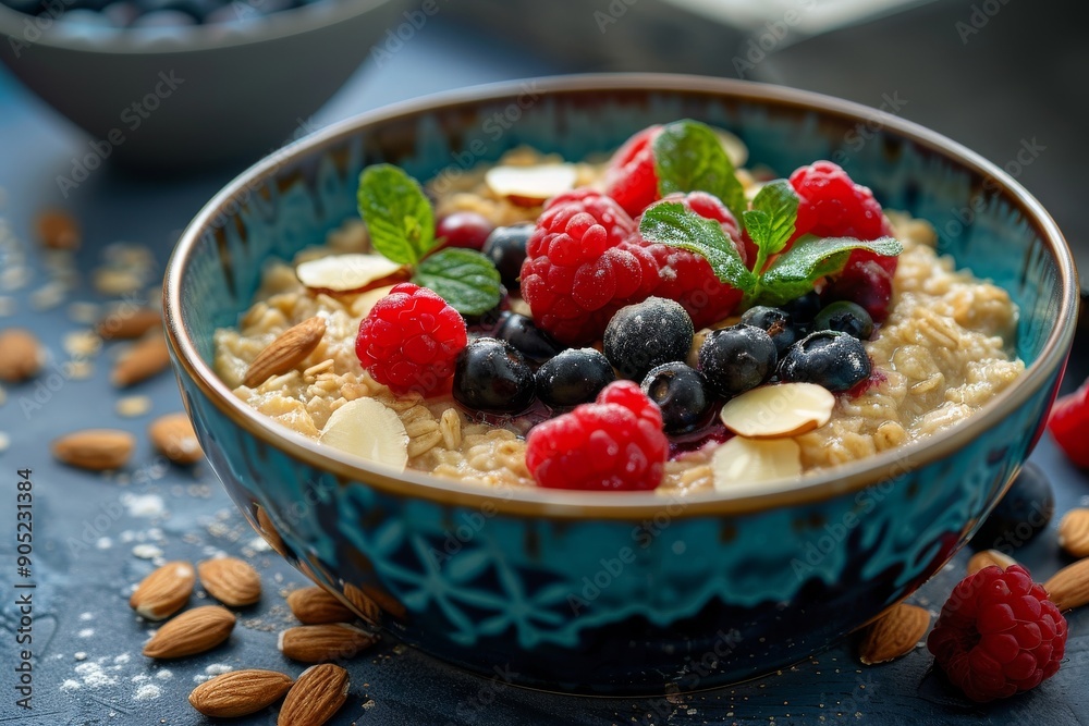 A healthy breakfast of oatmeal, almonds, and berries A healthy breakfast of oatmeal, almonds, and berries
