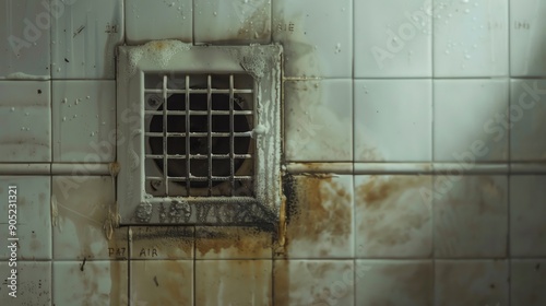 A grimy and rust-stained wall vent surrounded by dirty tiles, evoking a sense of neglect and decay in an abandoned space.
