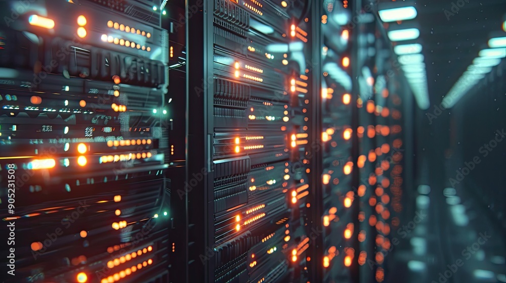 Shot of a Working Data Center With Rows of Rack Servers Led Lights Blinking and Computers are Working Shot of a Working Data Center With Rows of Rack Servers Led Lights Blinking and Computers are Working
