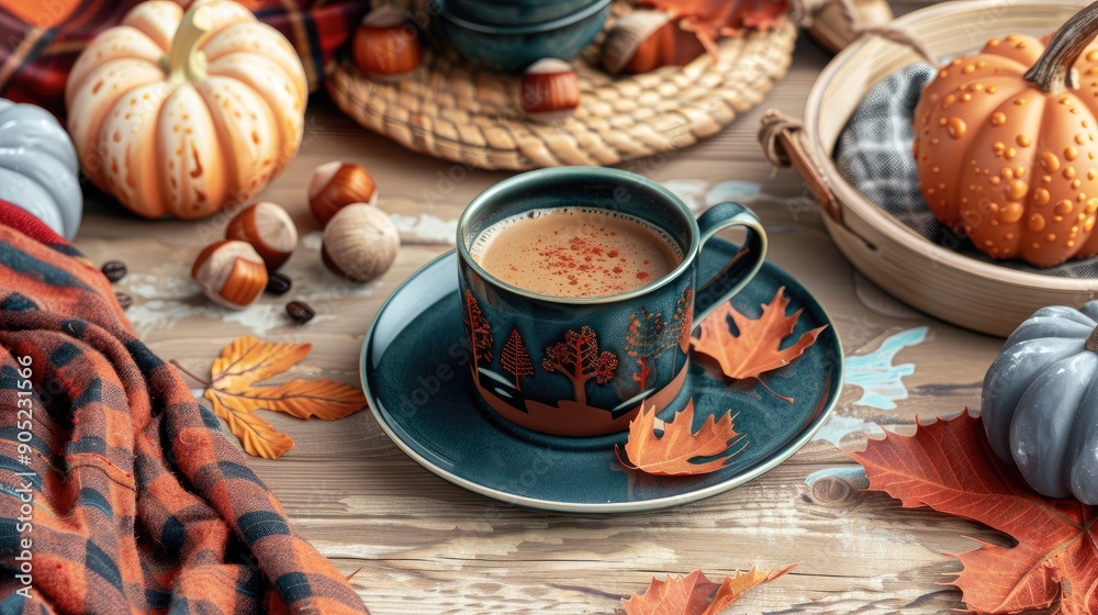 A cozy autumn-themed coffee scene with leaves A cozy autumn-themed coffee scene with leaves