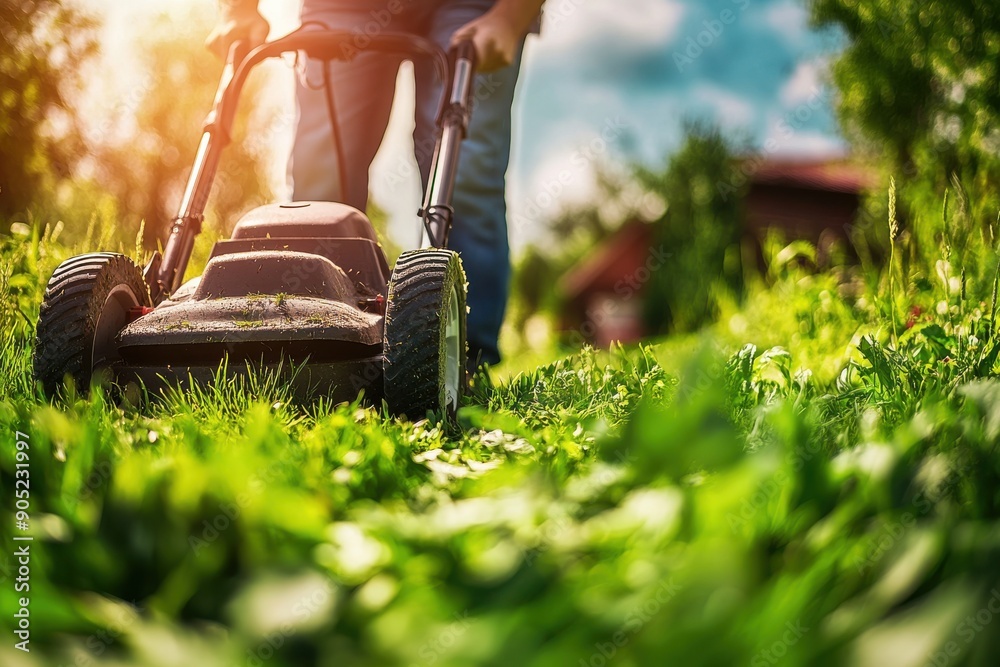 Fototapeta premium Man mowing grass with lawn mower in garden, sunny day