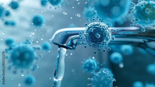 Close-up of water faucet with flowing water surrounded by harmful viruses, symbolizing infection and contamination risk.