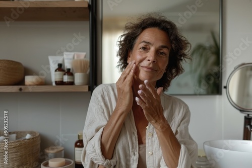 An elderly woman is seen applying cream to her face in a minimalist bathroom, reflecting a moment of self-care and attention to aging gracefully and healthily.