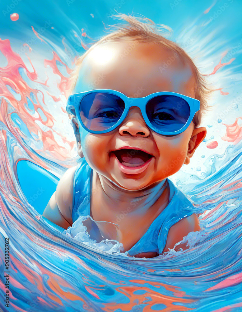 Naklejka premium Ein Baby mit blauer Sonnenbrille beim Wassersport
