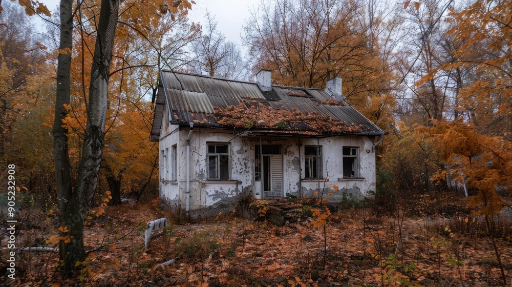 Abadonated white house with ceramic roof in middle of autum forest at chernobyl nuclear exclusion zone Abadonated white house with ceramic roof in middle of autum forest at chernobyl nuclear exclusion zone