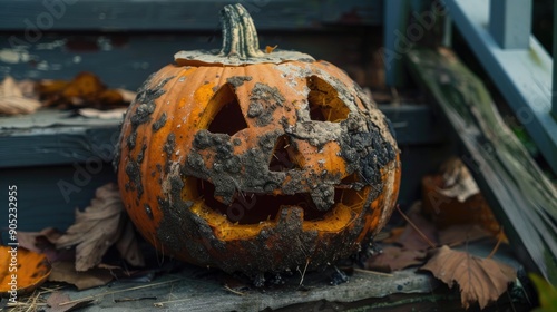 A moldy decaying jack o lantern sits on someone s front steps after Halloween