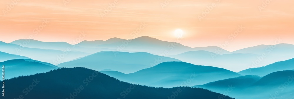A serene landscape showcasing layered mountain ranges bathed in the soft glow of a setting sun, with a hazy atmosphere adding depth and tranquility. This image evokes feelings of peace, tranquility A serene landscape showcasing layered mountain ranges bathed in the soft glow of a setting sun, with a hazy atmosphere adding depth and tranquility. This image evokes feelings of peace, tranquility
