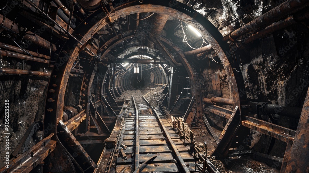 Metal and wooden timbering in abandoned old coal mine interior Dangerous tunnels full of dirt and rusty equipment Metal and wooden timbering in abandoned old coal mine interior Dangerous tunnels full of dirt and rusty equipment