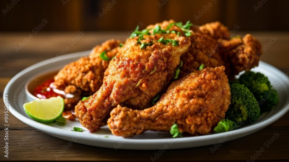 Deliciously crispy fried chicken and broccoli ready to be savored Deliciously crispy fried chicken and broccoli ready to be savored