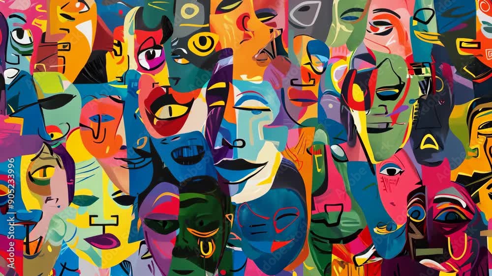Vibrant human faces morphing in abstract collage Vibrant human faces morphing in abstract collage