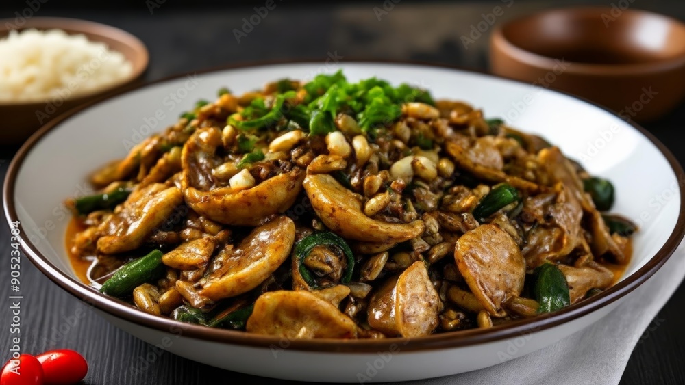 Delicious Asian stirfry with tofu peanuts and greens Delicious Asian stirfry with tofu peanuts and greens