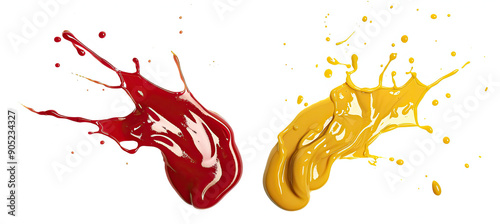 Delicious Ketchup and Mustard Splashes Isolated on White Background, Vibrant Sauce Splashes, High-Resolution Condiment Imagery, Energetic Sauce Design, Bold and Colorful Food Elements photo