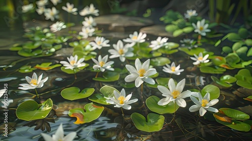 White flowers with yellow pistils are blooming in a fish pond The Latin name Echinodorus or Creeping Burhead is an aquatic plant that is easy to grow and spreads quickly in a pond or lake photo