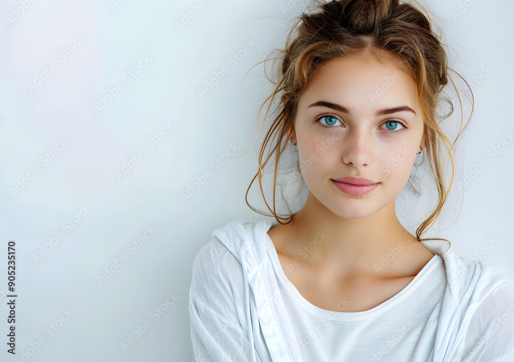 portrait of a beautiful young woman with freckles and blue eyes portrait of a beautiful young woman with freckles and blue eyes