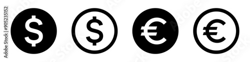 Dollar and Euro icon set. Internet money, currency, earnings, bank, wallet, payment, coin - stock vector.