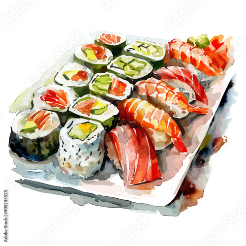 Watercolor vector of sushi sashimi, isolated on a white background, sushi sashimi vector