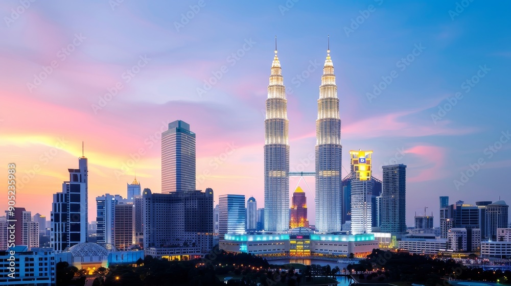 Obraz premium Urban skyline at dusk with vibrant neon lights framing an elegantly designed mosque, showcasing intricate heritage details amidst a bustling modern city