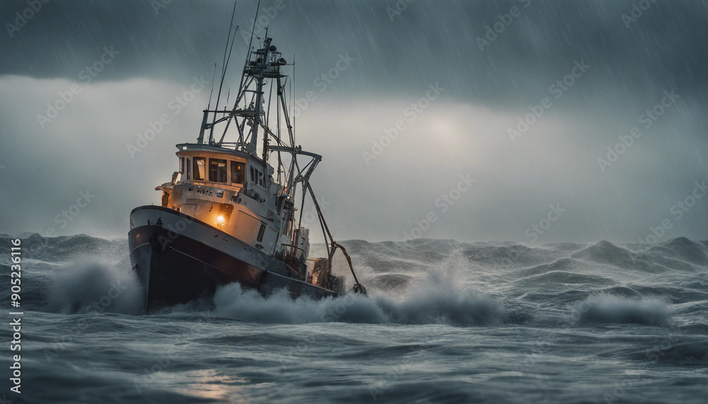 A fishing trawler caught in a freezing rainstorm at dawn, with icy waves crashing against its sides
A fishing trawler caught in a freezing rainstorm at dawn, with icy waves crashing against its sides