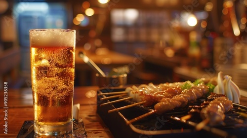 Draft beer and yakitori at a Japanese izakaya