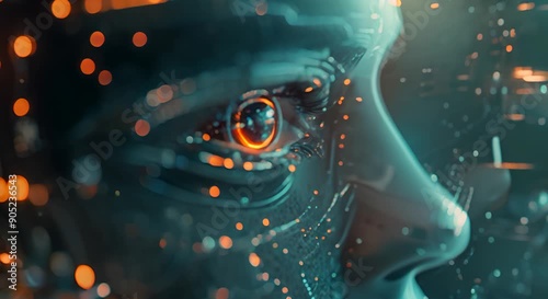 Close up of eyes with technological light effects, looking at the future development of humanoid cyborg video background.