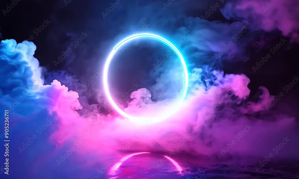 Glowing neon circle in the sky with pink and blue clouds. Glowing neon circle in the sky with pink and blue clouds.