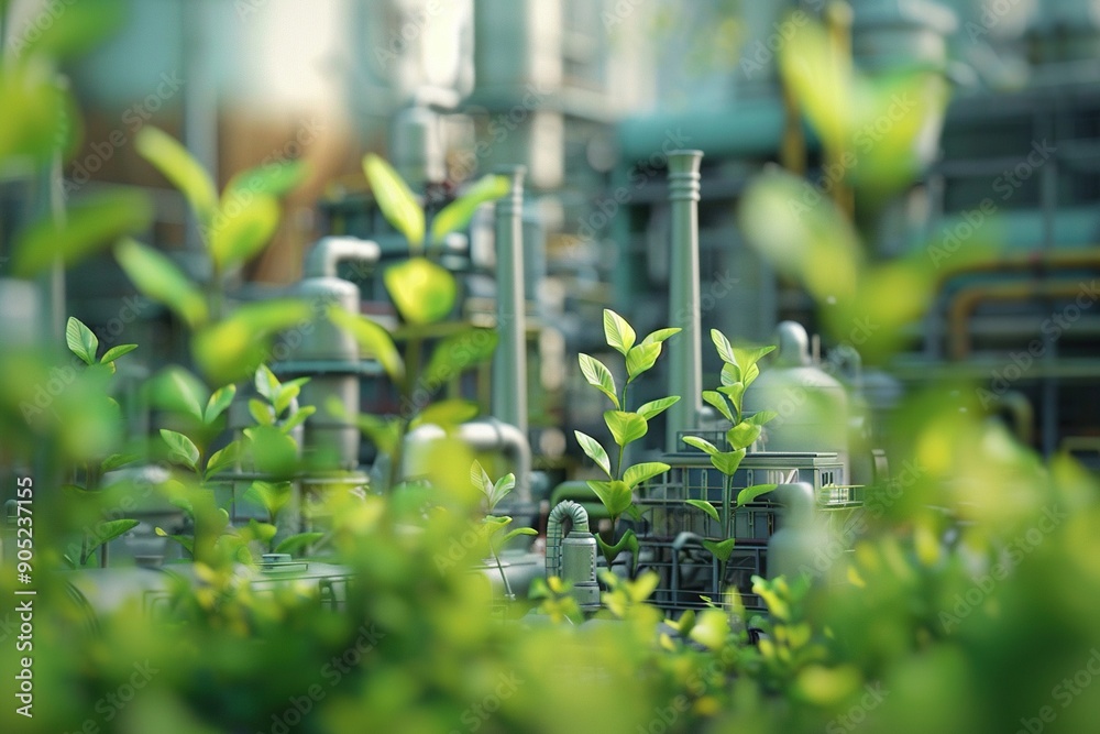Miniature factory and green leaves and plants growing arround. Ai generative Miniature factory and green leaves and plants growing arround. Ai generative