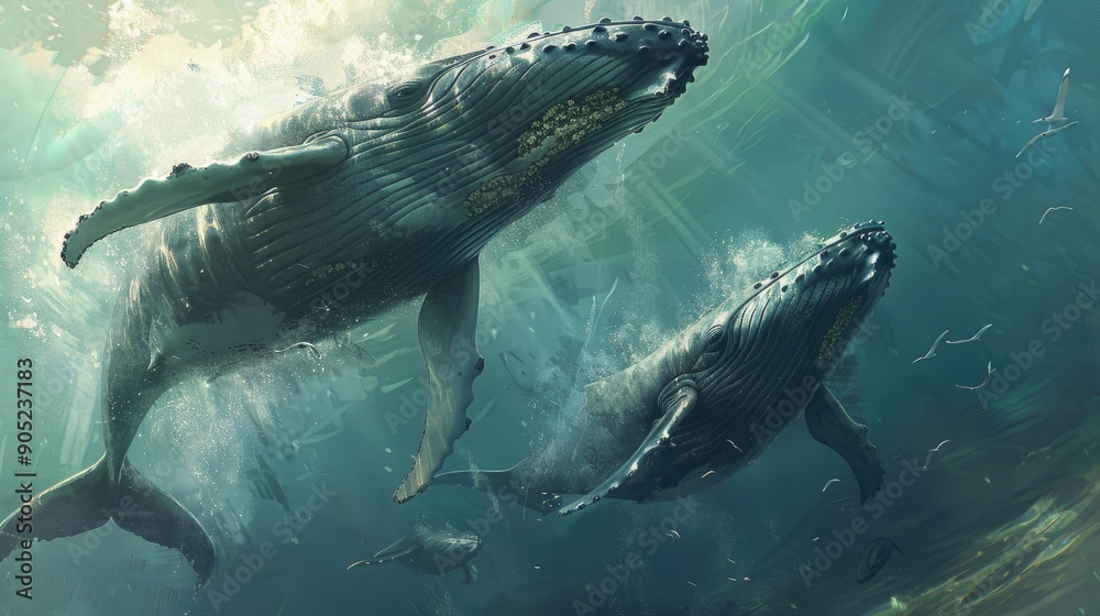 Fototapeta premium Humpback whales and calf