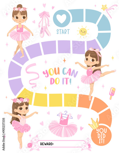 Ballerina reward chart for girls and boys. Cute Ballerina. Table of behavior, chores and routine work of kids. Vector