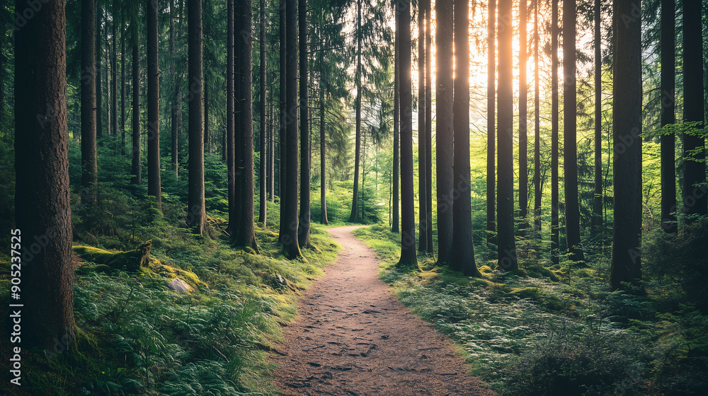 Fototapeta premium Tranquil Woodland Trail in Sunlit Forest