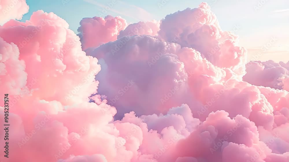 Fly through dreamy pink clouds in a clear sky