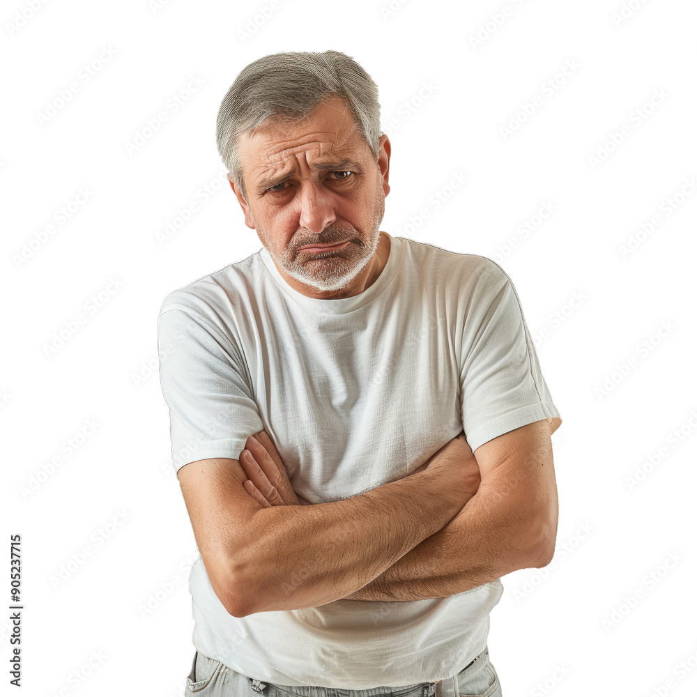 Skeptical senior man with arms crossed frowning with disapproval Skeptical senior man with arms crossed frowning with disapproval