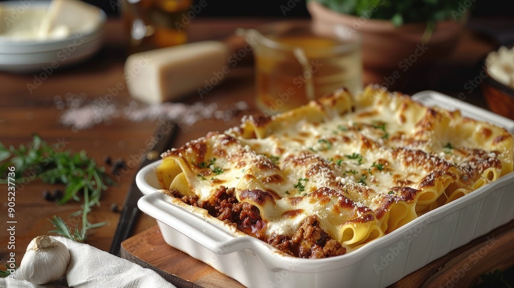 Fresh baked pasta casserole with stuffed cannelloni Baked with bolognese and bechamel sauce Topped with mozzarella cheese Real life Fresh baked pasta casserole with stuffed cannelloni Baked with bolognese and bechamel sauce Topped with mozzarella cheese Real life