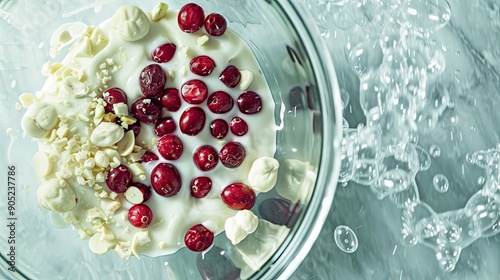 Flat lay Melting white chocolate chips and other ingredients in a glass mixing bowl over boiling water to prepare cranberry pistachio fudge photo