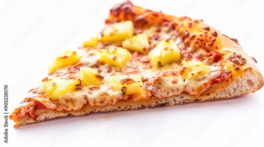 slice of fresh pineapple pizza isolated closeup view slice of fresh pineapple pizza isolated closeup view