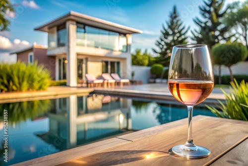 Glass of rose wine by a poolside with modern home in background, wine, rose, poolside, modern home, luxury