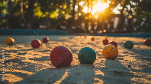 A bocce ball court with balls scattered across the sand photo