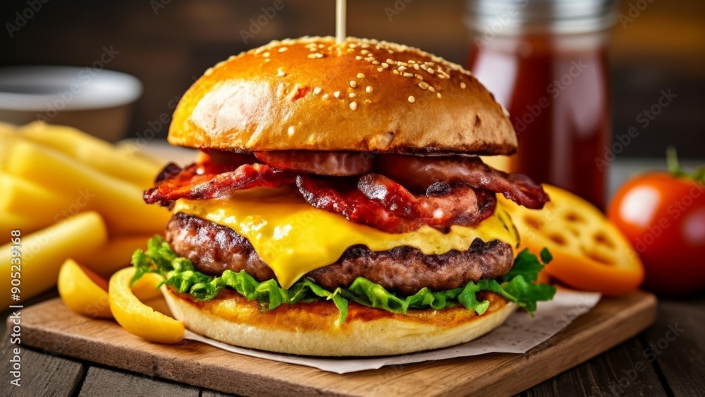 Deliciously stacked burger with bacon and cheese ready to be savored Deliciously stacked burger with bacon and cheese ready to be savored