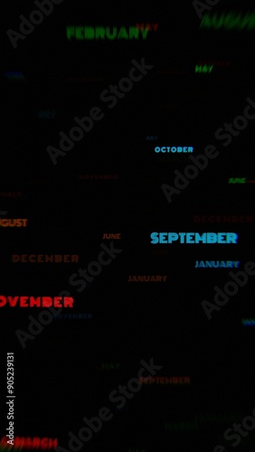 Colorful Neon Month Names on a Dark Background..
