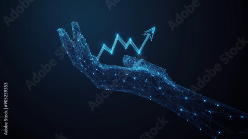 Abstract growth chart in a hand. Graph chart with up arrow in an arm palm. Finance and stock market concept on dark background. Low poly wireframe illustration in light blue hologram style.